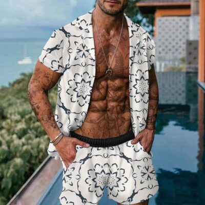Shopnova Men's Summer Vacation Aloha Shirt Sets Two Pieces Outfits