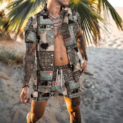Shopnova Men's Patchwork Print Beach Wear Two Pieces