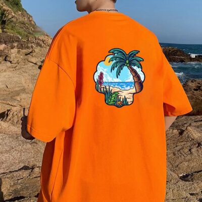 Palm Tree and Beach Print Men's Cotton T-shirt