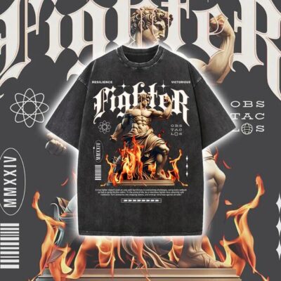 Greek God Statue Flames Men's Washed Black Color Tee